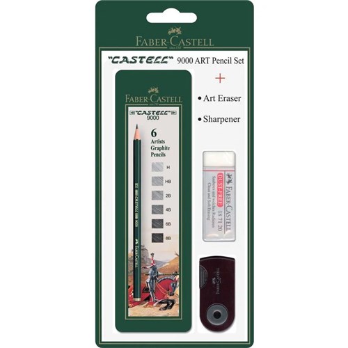 FABER CASTELL 9000 PENCILS Graphite Sketch Pencils Card6 with Eraser Sharpener